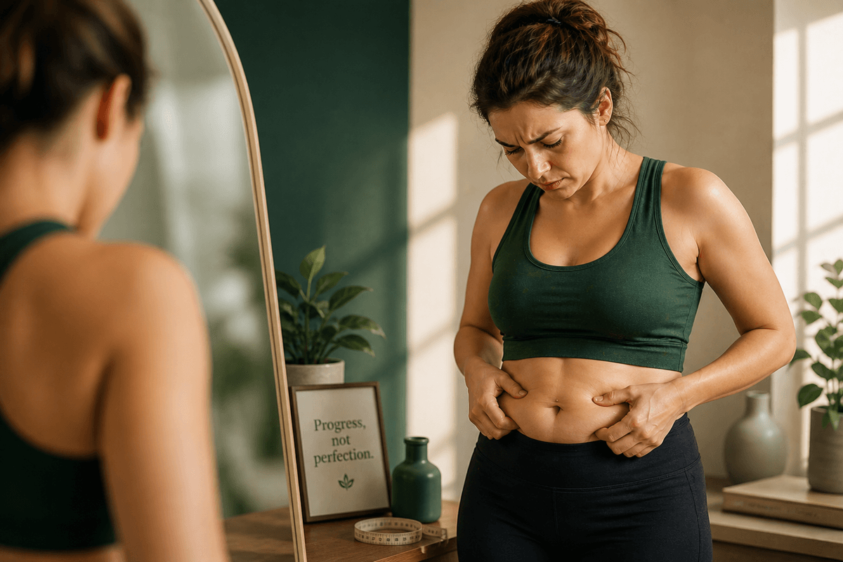 Woman looking frustrated with stubborn visceral fat after 30, representing metabolism slowdown and weight loss challenges