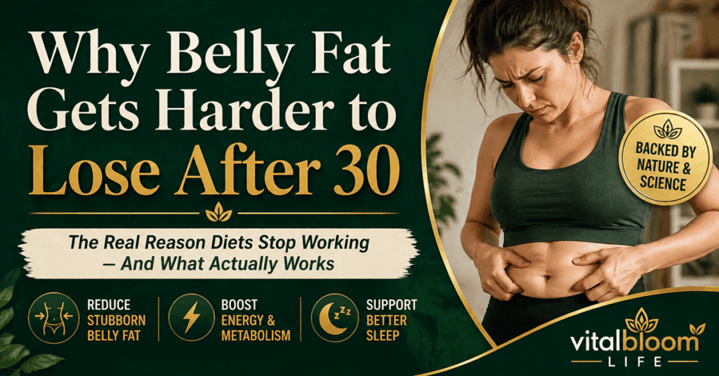 Woman frustrated with belly fat after 30 looking at her stomach, representing stubborn weight gain and metabolism changes