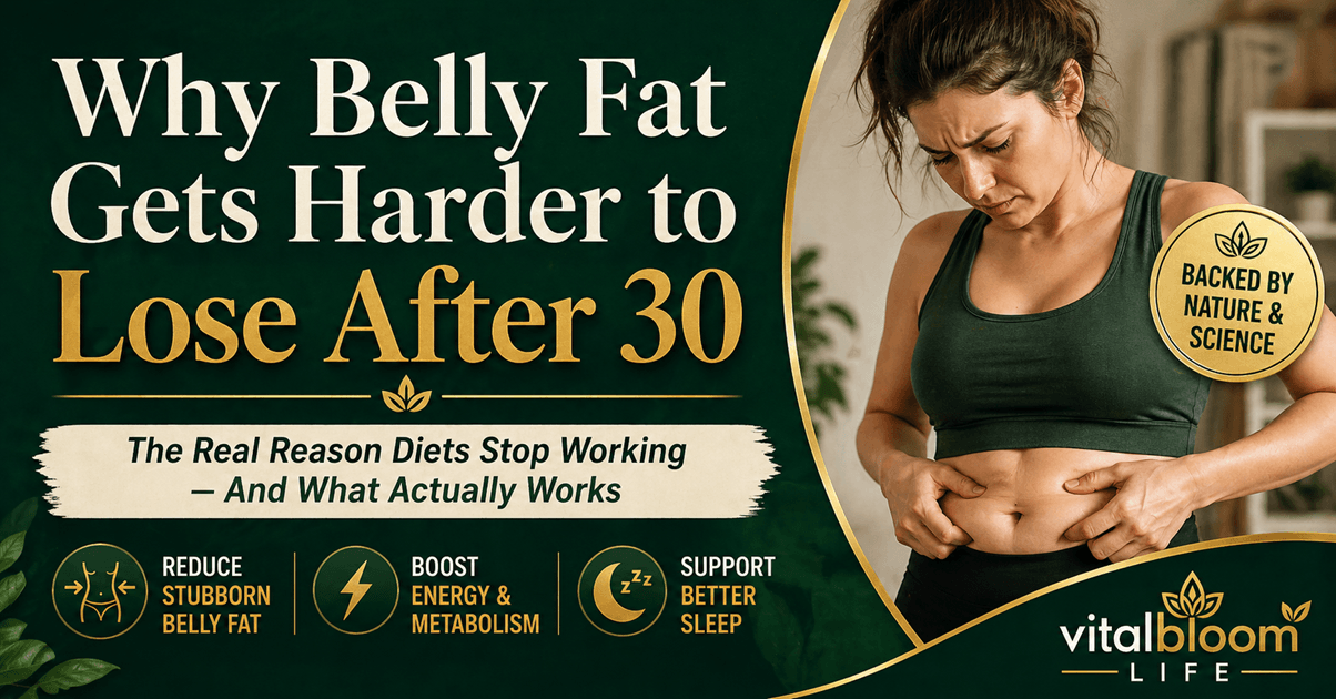 Woman frustrated with belly fat after 30 looking at her stomach, representing stubborn weight gain and metabolism changes